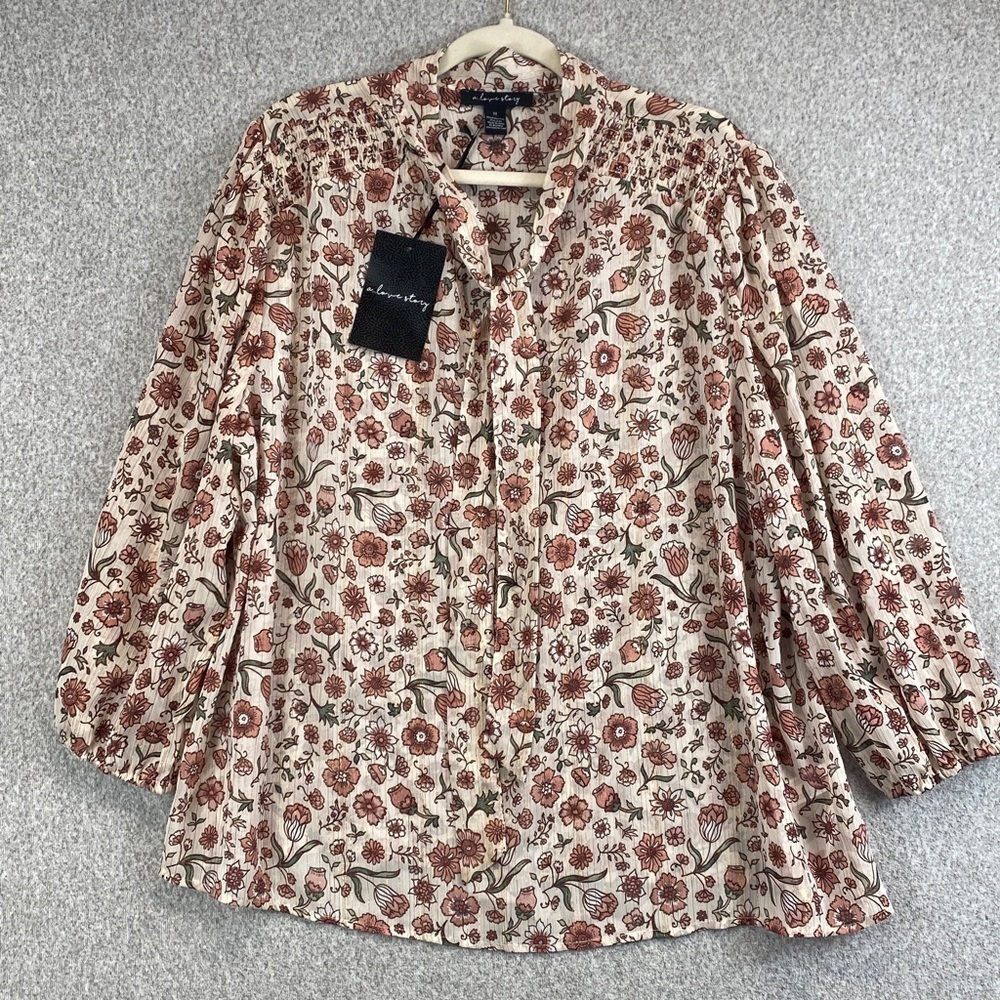 A love story Omega ivory floral boho blouse tie bow lightweight semi sheer gold